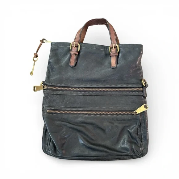 2 Vintage Leather Fossil Tote bags Purses brown & Black - Picture 6 of 9